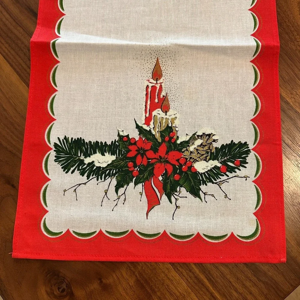 Scandinavian Xmas Table Runner Holiday Candle Floral Print Fabric Made In Brazil